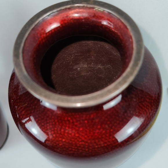 Pair Of Japanese Ginbari Cloisonne Cherry Blossom/Bird Pigeon Blood Vase 7" - Picture 4 of 7